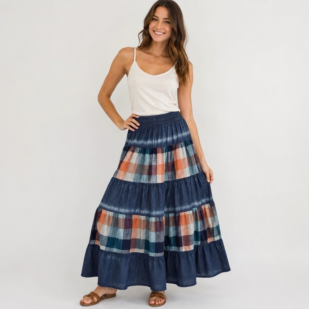 Cirana Women's Large Tiered Maxi Skirt Boho Patchwork Plaid Elastic Waist Blue